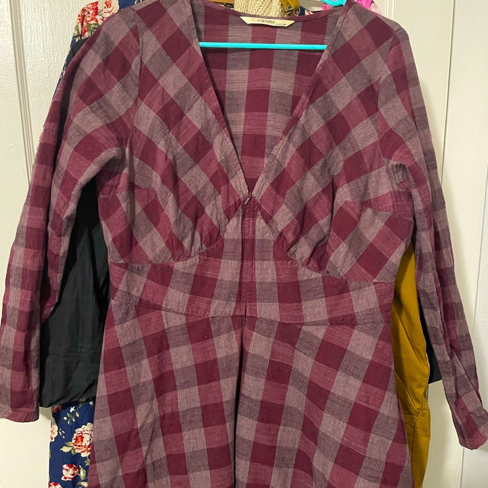 Empire waist purple and grey plaid maxi dress
